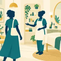 Illustration of a beauty professional greeting a client