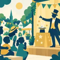 Illustration of a magician entertaining a family audience