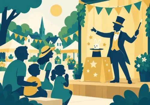 Illustration of a magician entertaining a family audience