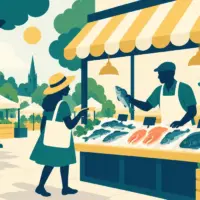 Illustration of a local fishmonger at a market stall