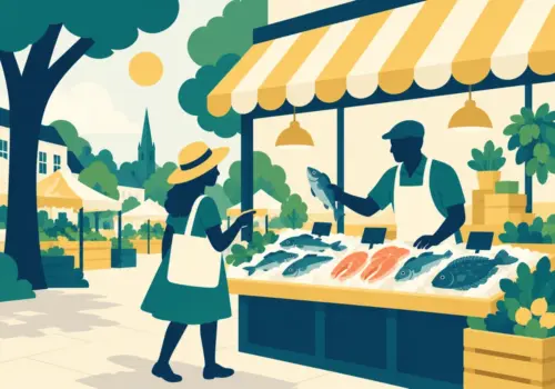 Illustration of a local fishmonger at a market stall