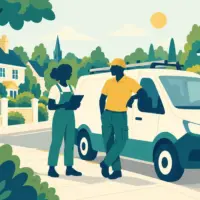 Illustration of two people beside a local service van