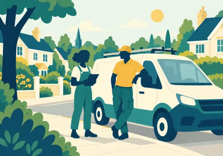 Illustration of two people beside a local service van