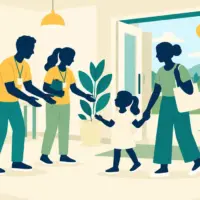 Illustration of volunteers welcoming people to a community centre