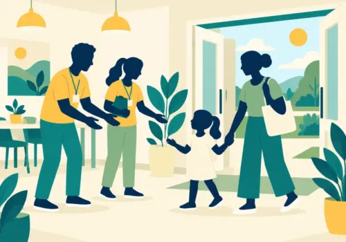 Illustration of volunteers welcoming people to a community centre