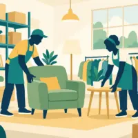 Illustration of volunteers organising donated furniture