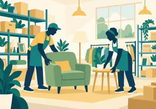 Illustration of volunteers organising donated furniture