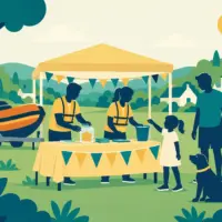 Illustration of rescue charity volunteers at a community stall