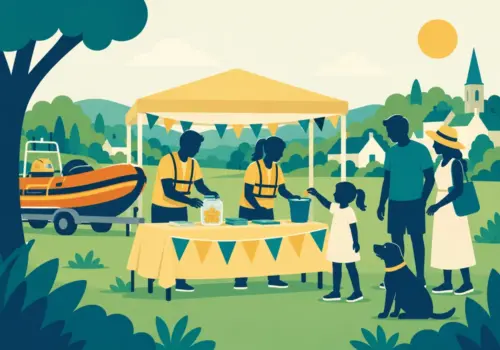 Illustration of rescue charity volunteers at a community stall
