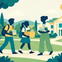 Illustration of students and an educator outside a Surrey school