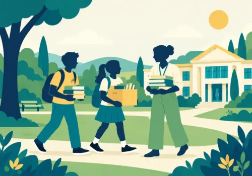 Illustration of students and an educator outside a Surrey school