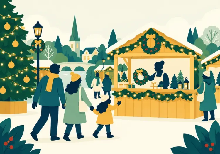 Illustration of a village Christmas fayre in Surrey