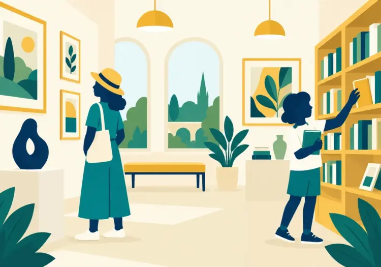 Illustration of visitors at a local gallery and library