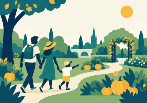 Illustration of a family following a pumpkin trail