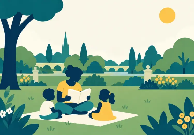 Illustration of children listening to a story outdoors
