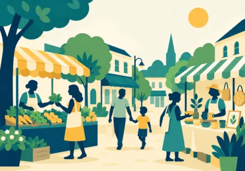 Illustration of a street market in Surrey