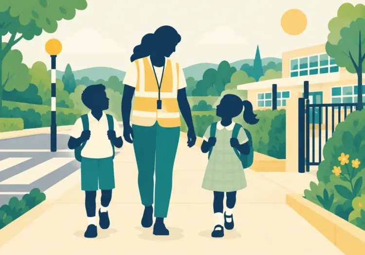 Illustration of a school travel officer walking with children