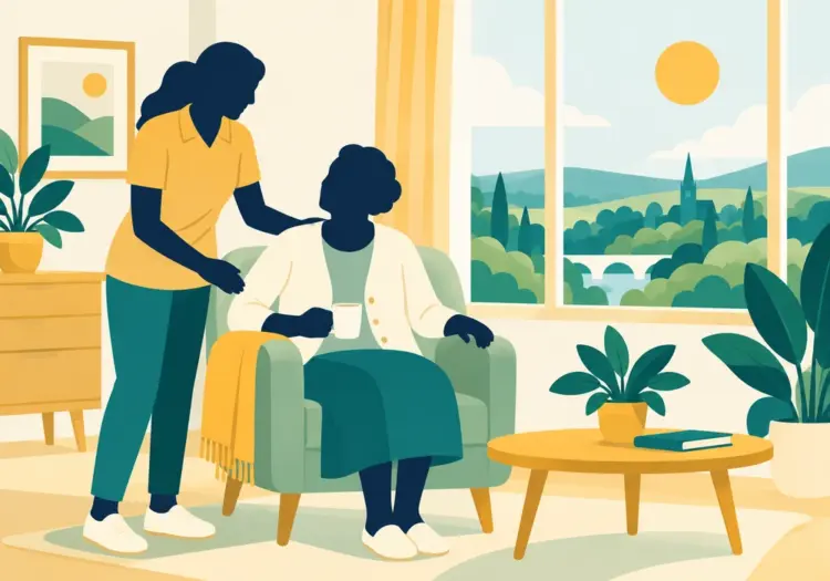 Illustration of a care worker helping an older person