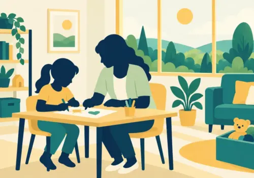 Illustration of a child support worker with a child