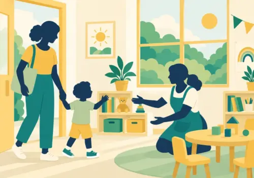 Illustration of a children's centre worker greeting a family