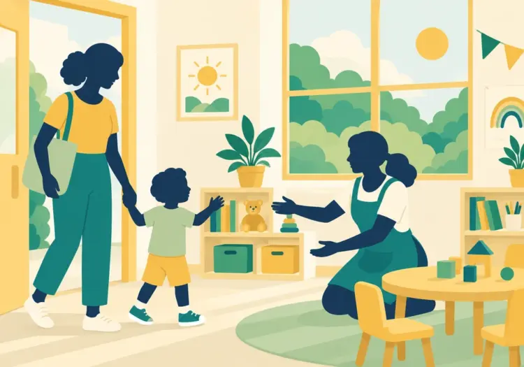 Illustration of a children's centre worker greeting a family