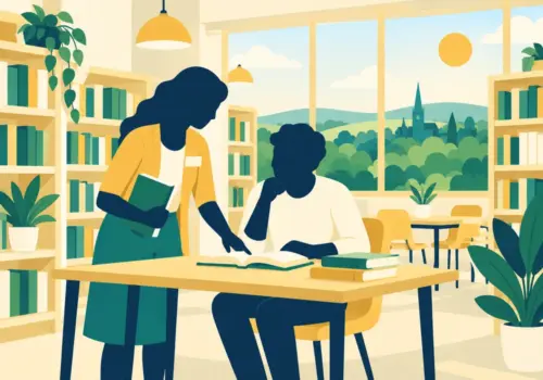 Illustration of a library assistant helping a visitor