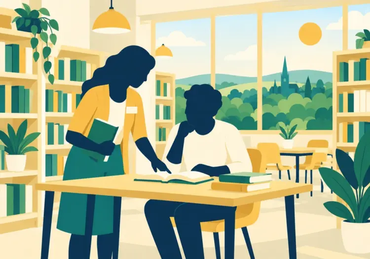 Illustration of a library assistant helping a visitor