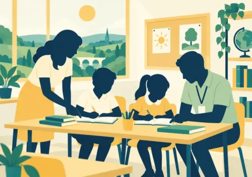 Illustration of teaching staff helping pupils