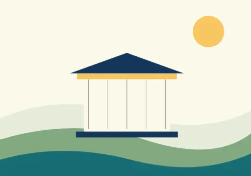 Illustration of a council building in the Surrey landscape