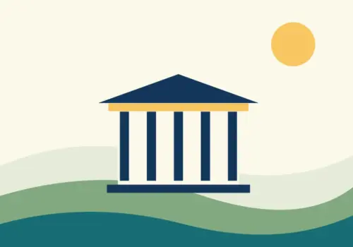 Illustration of a council building in the Surrey landscape